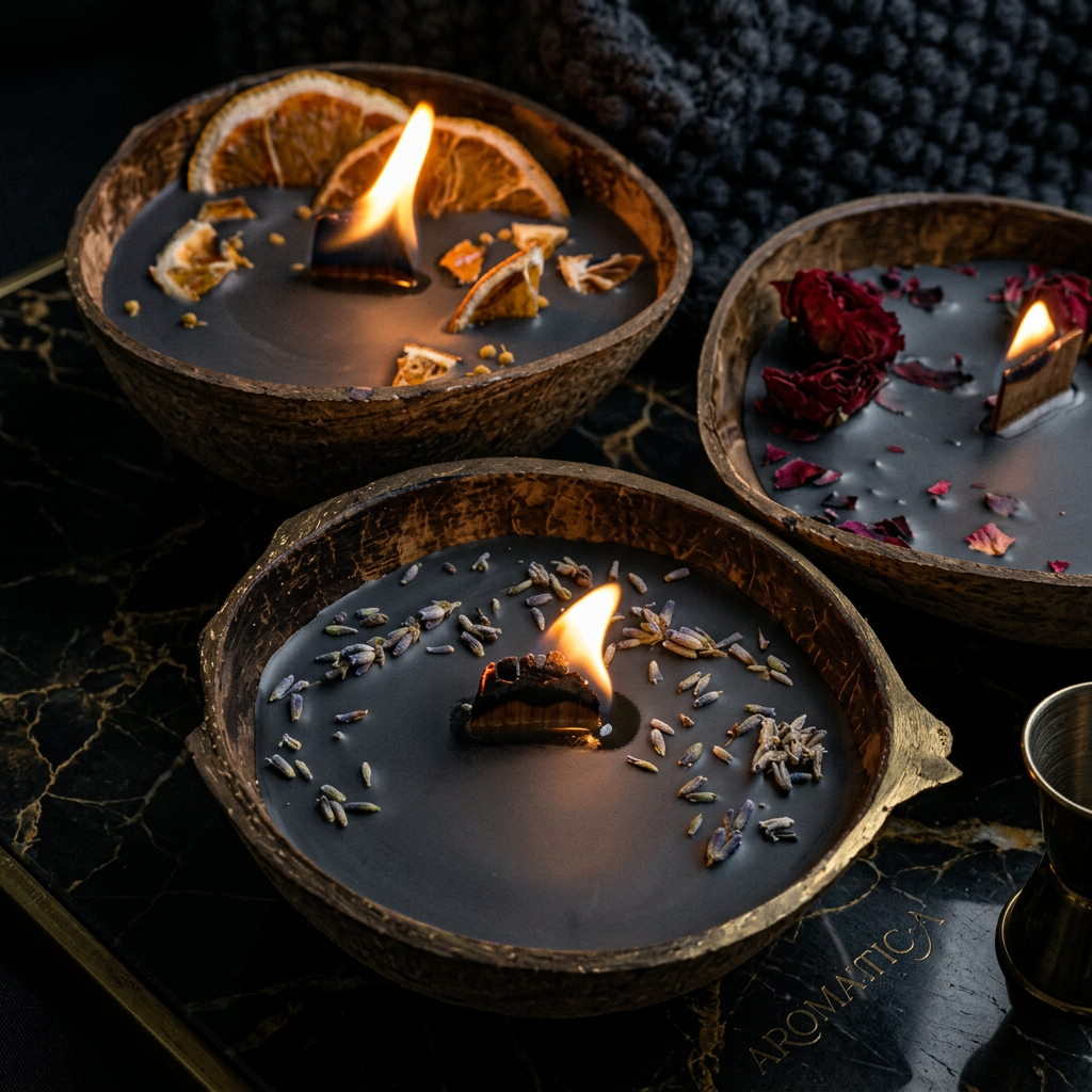 The Obsidian coconut shell candle with deep matte-black wax styled in dark luxury setting