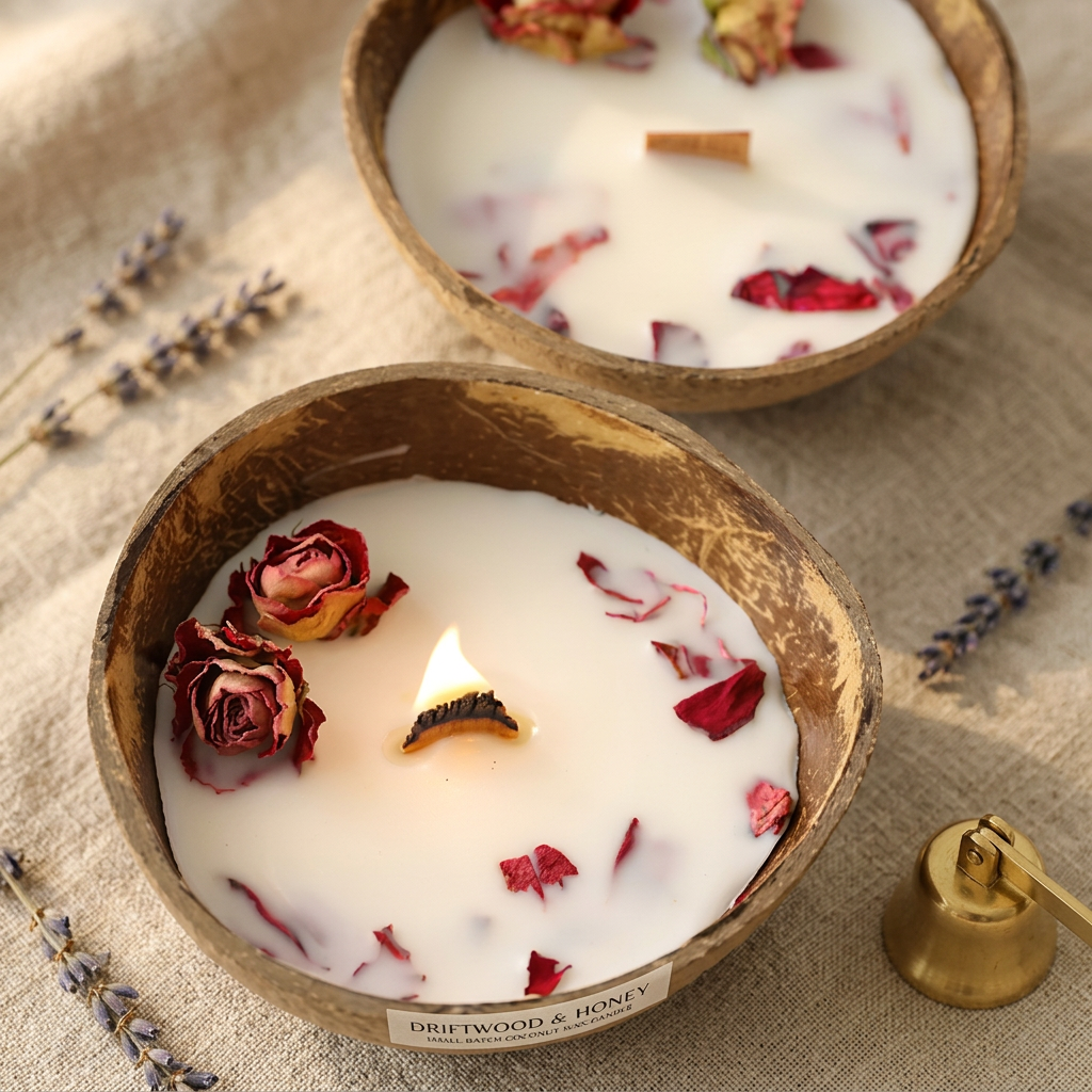 Handmade coconut shell candle from Driftwood and Honey - artisan luxury candle collection hand-poured in Tampa