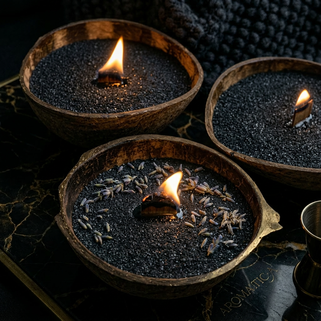 Close-up of the Black Sand candle's matte-black wax inside the hand-finished coconut shell