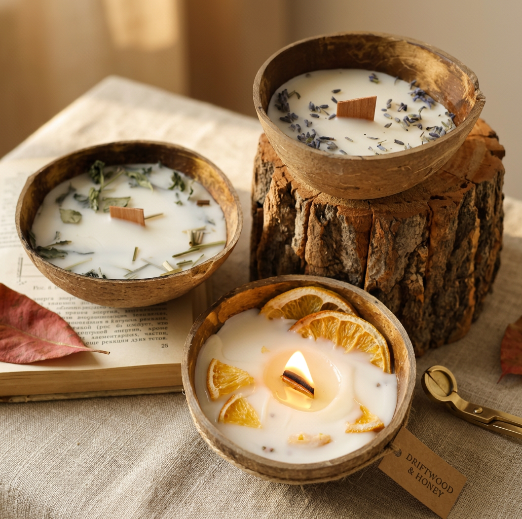 The Ivory candle in a real coconut shell with smooth ivory wax, artisan-luxe styling