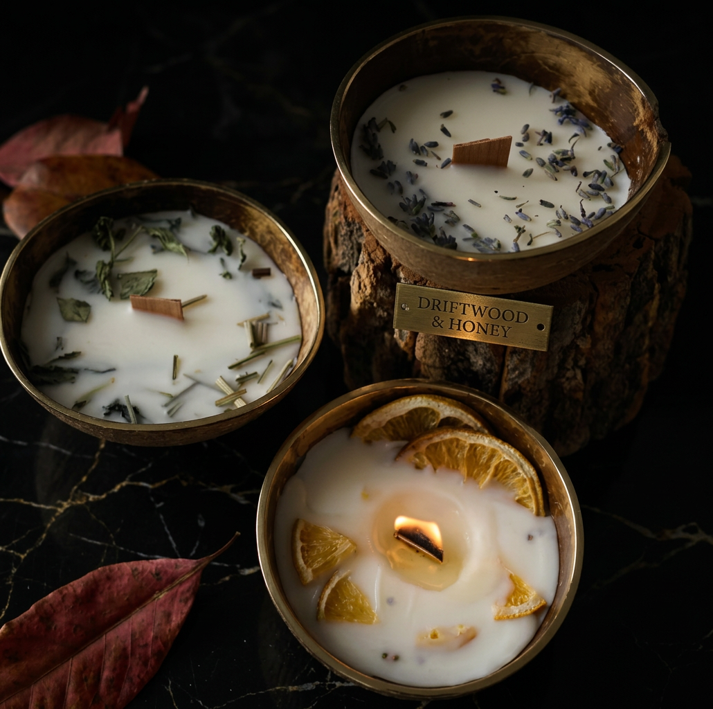 The Ivory coconut shell candle photographed in moody dark luxury lighting