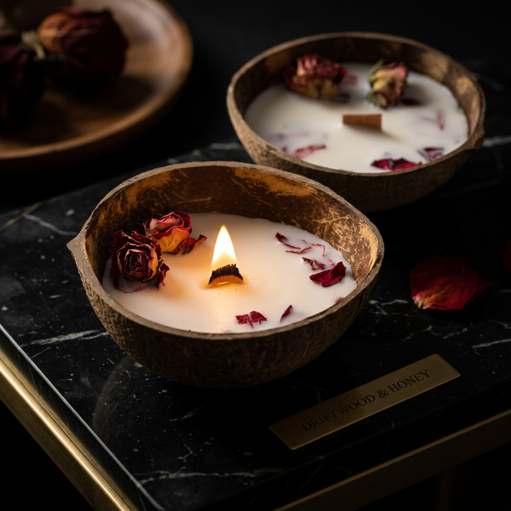 The Ivory candle styled with dramatic shadow against a dark luxury backdrop