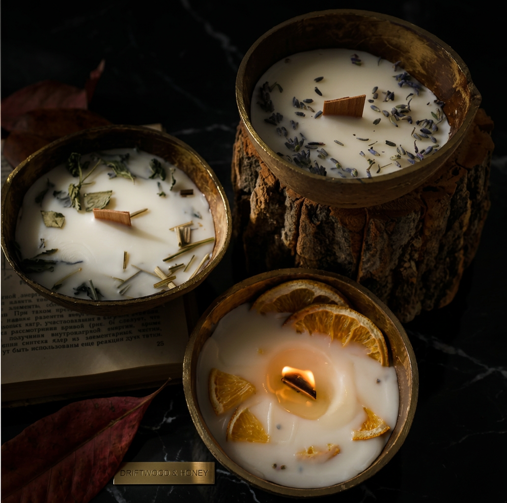 Close-up of The Ivory's smooth ivory wax inside the coconut shell, dark moody styling