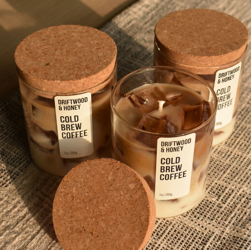 Morning Ritual coffee candle trio in soft natural light, hand-poured soy wax