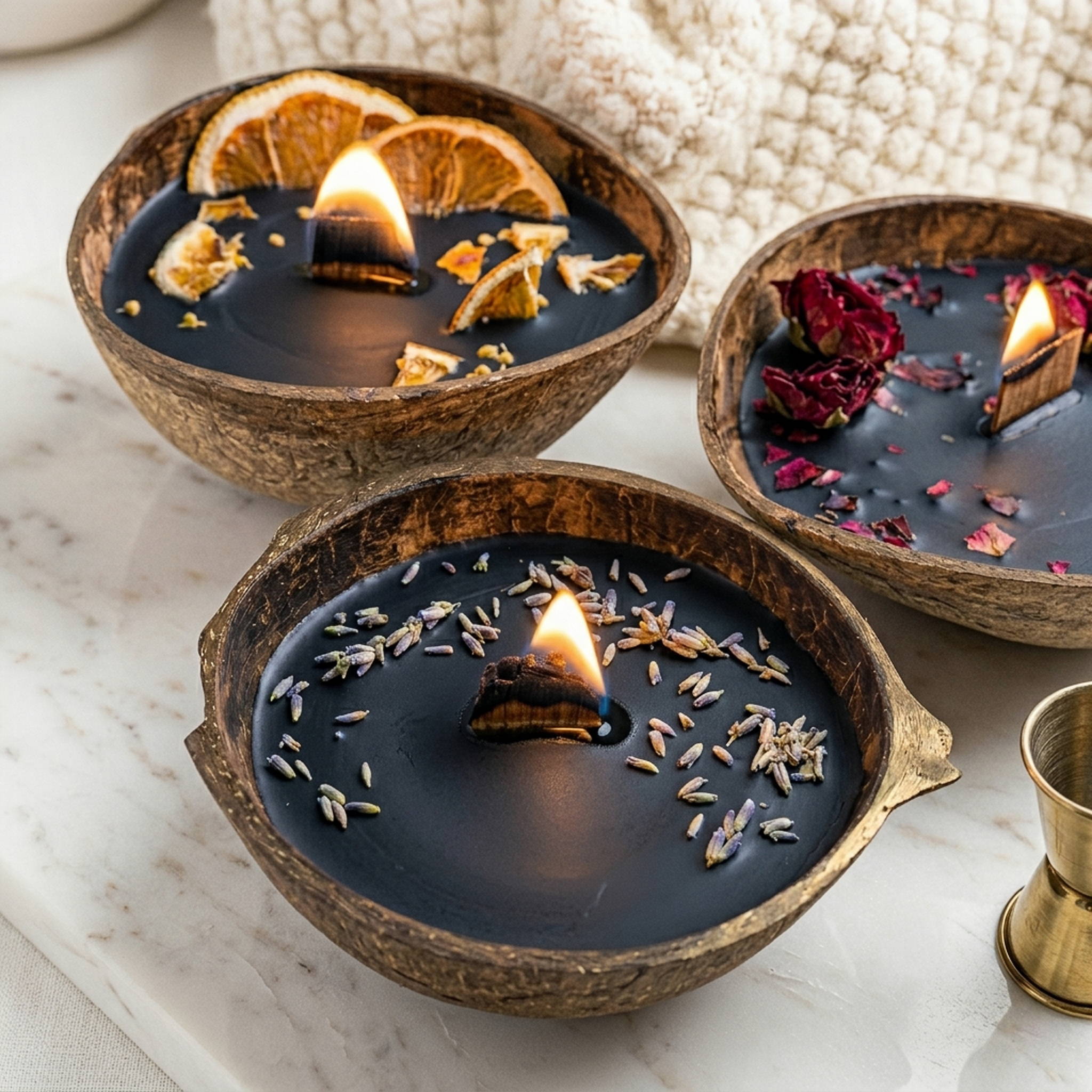 The Obsidian coconut shell candle scent lineup — Lemon, Rose, and Lavender — hand-poured matte-black wax in real coconut shells, styled on marble. Driftwood & Honey, Tampa, Florida.